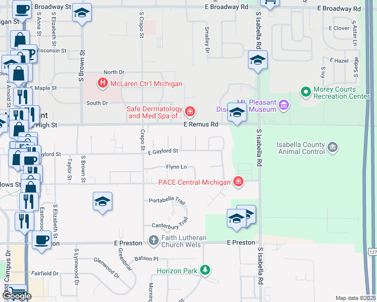 map of restaurants, bars, coffee shops, grocery stores, and more near 1639 East Gaylord Street in Mount Pleasant