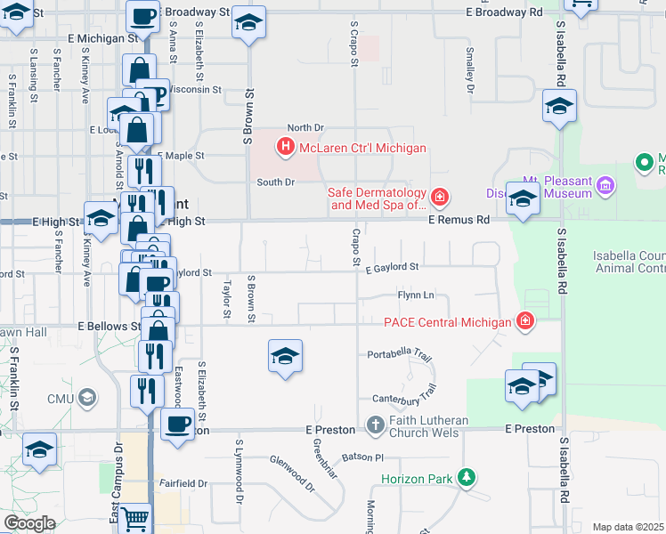 map of restaurants, bars, coffee shops, grocery stores, and more near 1409 East Gaylord Street in Mount Pleasant