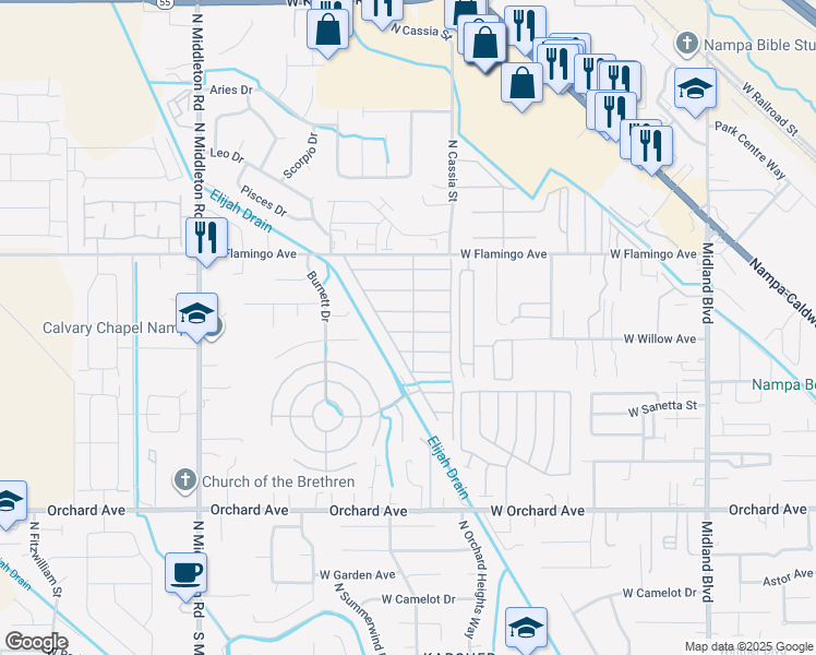 map of restaurants, bars, coffee shops, grocery stores, and more near 1907 West Flamingo Avenue in Nampa