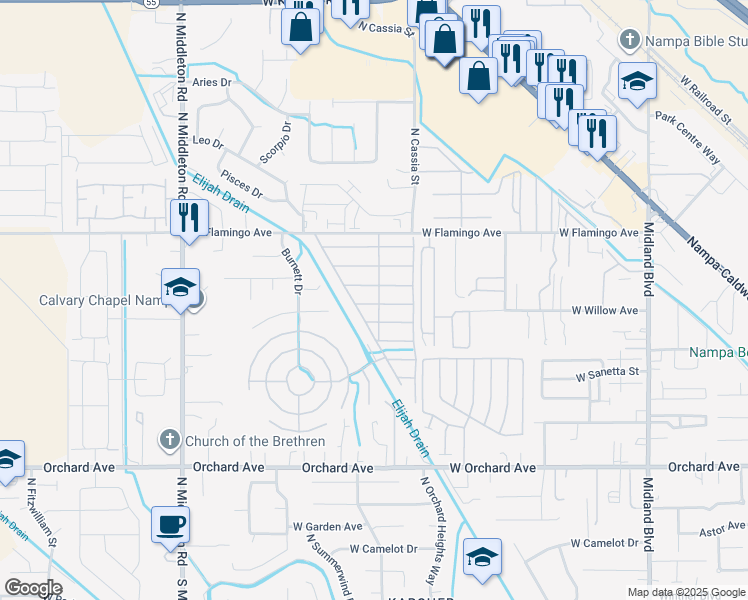 map of restaurants, bars, coffee shops, grocery stores, and more near 1907 West Flamingo Avenue in Nampa