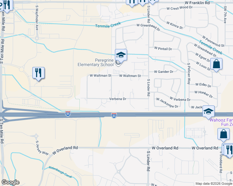 map of restaurants, bars, coffee shops, grocery stores, and more near 1960 Verbena Drive in Meridian