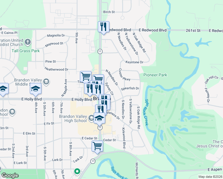 map of restaurants, bars, coffee shops, grocery stores, and more near 209 North Needles Drive in Brandon