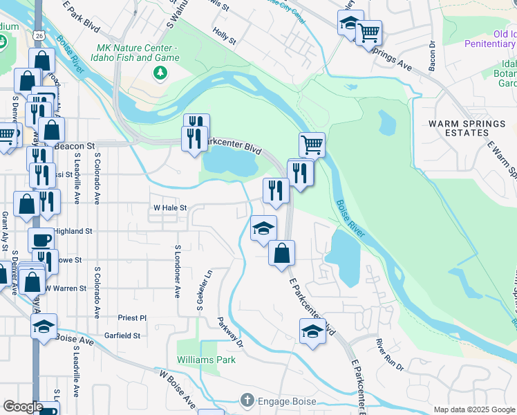 map of restaurants, bars, coffee shops, grocery stores, and more near 1423 Tyrell Lane in Boise