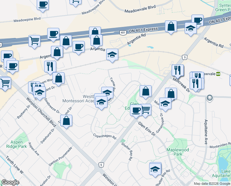map of restaurants, bars, coffee shops, grocery stores, and more near in Mississauga
