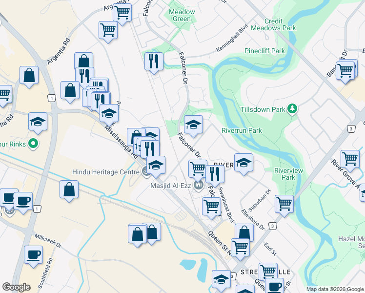 map of restaurants, bars, coffee shops, grocery stores, and more near 28 Falconer Drive in Mississauga