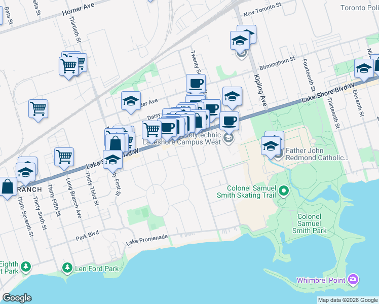 map of restaurants, bars, coffee shops, grocery stores, and more near 90 Twenty Fifth Street in Toronto