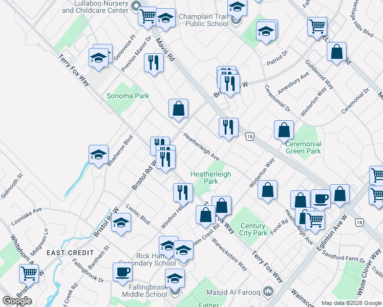 map of restaurants, bars, coffee shops, grocery stores, and more near 891 Oasis Drive in Mississauga