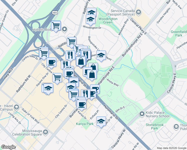 map of restaurants, bars, coffee shops, grocery stores, and more near 80 Absolute Avenue in Mississauga