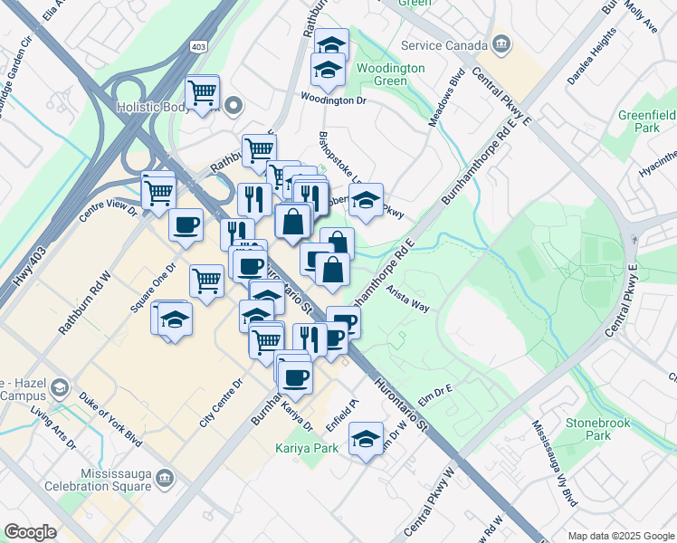 map of restaurants, bars, coffee shops, grocery stores, and more near 80 Absolute Avenue in Mississauga