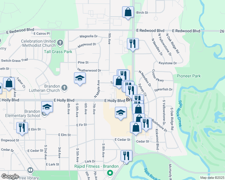 map of restaurants, bars, coffee shops, grocery stores, and more near 117 North Splitrock Boulevard in Brandon