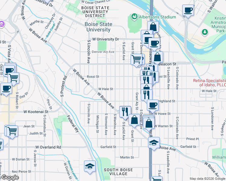 map of restaurants, bars, coffee shops, grocery stores, and more near 1329 South Manitou Avenue in Boise