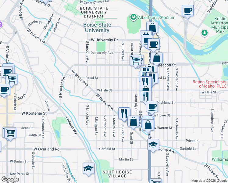 map of restaurants, bars, coffee shops, grocery stores, and more near 1329 South Manitou Avenue in Boise