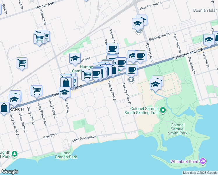 map of restaurants, bars, coffee shops, grocery stores, and more near 3285 Lake Shore Boulevard West in Toronto