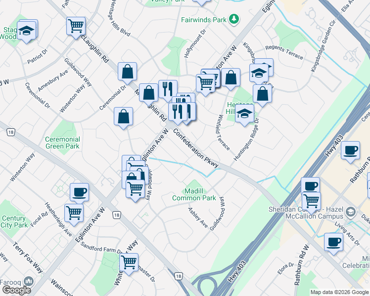 map of restaurants, bars, coffee shops, grocery stores, and more near in Mississauga
