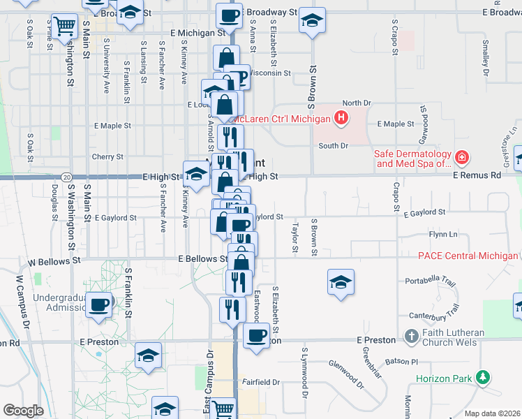 map of restaurants, bars, coffee shops, grocery stores, and more near 801 East Gaylord Street in Mount Pleasant