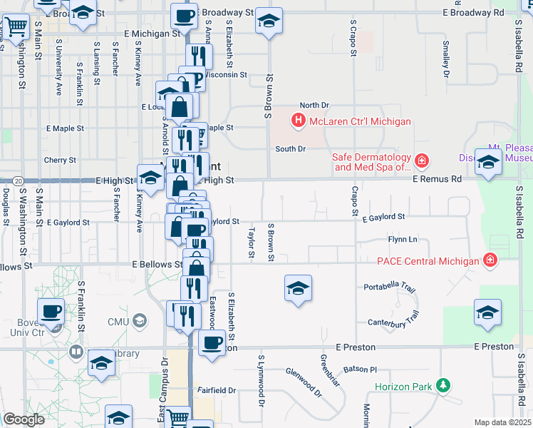 map of restaurants, bars, coffee shops, grocery stores, and more near 911 South Brown Street in Mount Pleasant