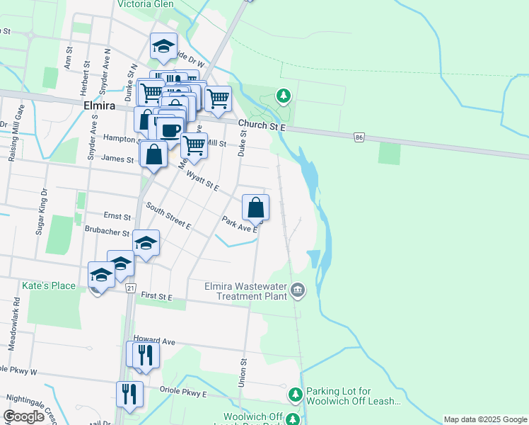 map of restaurants, bars, coffee shops, grocery stores, and more near 1 Union Street in Elmira