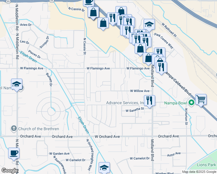 map of restaurants, bars, coffee shops, grocery stores, and more near 1490 West Bonneville Circle in Nampa