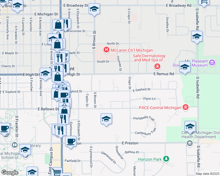 map of restaurants, bars, coffee shops, grocery stores, and more near 1299 East Gaylord Street in Mount Pleasant