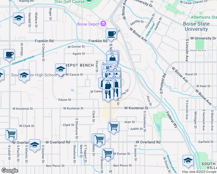 map of restaurants, bars, coffee shops, grocery stores, and more near 925 South Vista Avenue in Boise