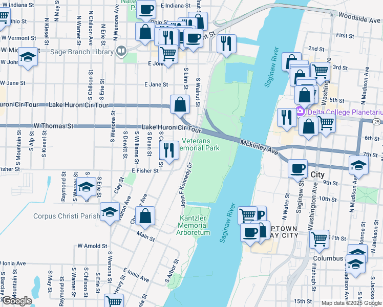 map of restaurants, bars, coffee shops, grocery stores, and more near 600 East White Street in Bay City