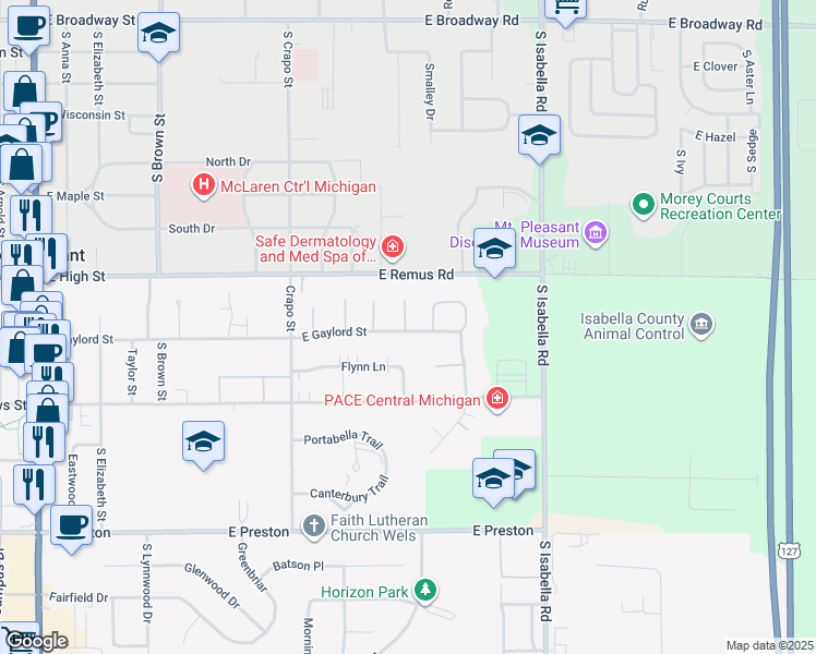 map of restaurants, bars, coffee shops, grocery stores, and more near 1639 East Gaylord Street in Mount Pleasant