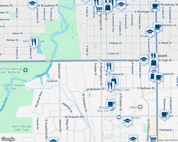 map of restaurants, bars, coffee shops, grocery stores, and more near 900 Douglas 908 Dougla in Mount Pleasant