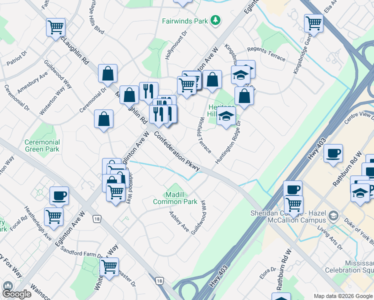 map of restaurants, bars, coffee shops, grocery stores, and more near 4889 Potomac Court in Mississauga