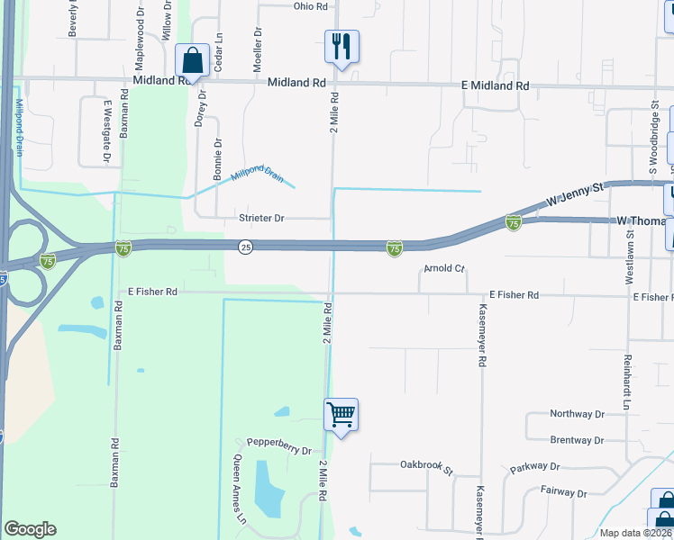 map of restaurants, bars, coffee shops, grocery stores, and more near 4971 2 Mile Road in Bay City