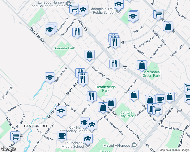map of restaurants, bars, coffee shops, grocery stores, and more near in Mississauga