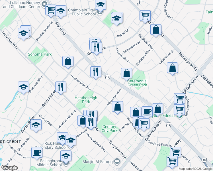 map of restaurants, bars, coffee shops, grocery stores, and more near 5223 Fairford Crescent in Mississauga