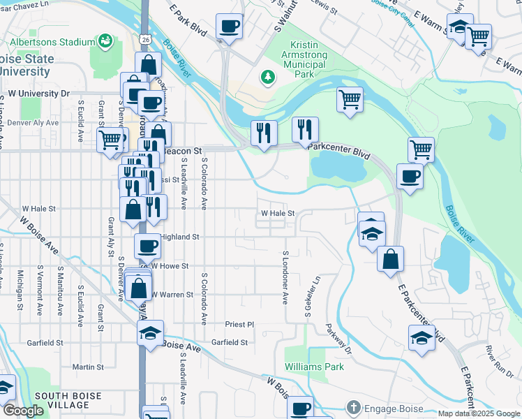 map of restaurants, bars, coffee shops, grocery stores, and more near 500 West Hale Street in Boise
