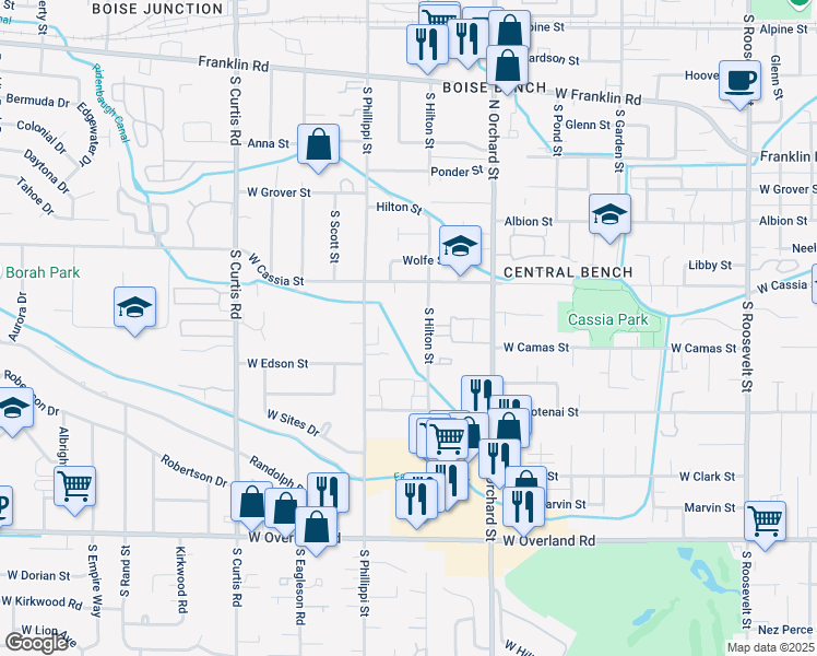 map of restaurants, bars, coffee shops, grocery stores, and more near 1001 South Hilton Street in Boise