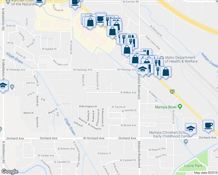 map of restaurants, bars, coffee shops, grocery stores, and more near 1299 North Stephanie Lane in Nampa