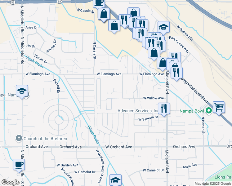 map of restaurants, bars, coffee shops, grocery stores, and more near 1425 West Bonneville Circle in Nampa