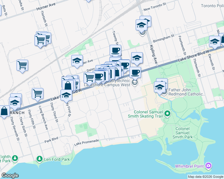 map of restaurants, bars, coffee shops, grocery stores, and more near 3285 Lake Shore Boulevard West in Toronto