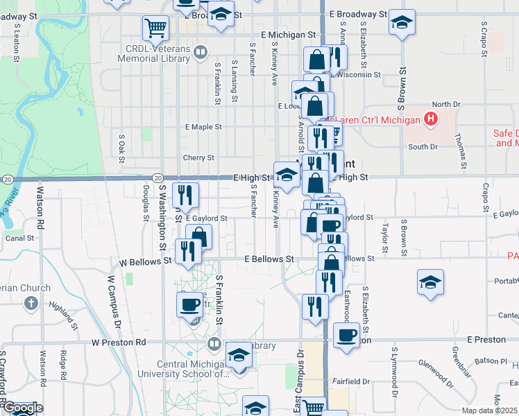 map of restaurants, bars, coffee shops, grocery stores, and more near 800-998 S Kinney Ave in Mt Pleasant