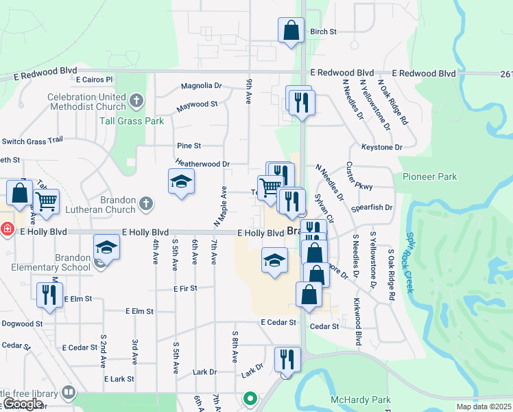 map of restaurants, bars, coffee shops, grocery stores, and more near 117 North Splitrock Boulevard in Brandon