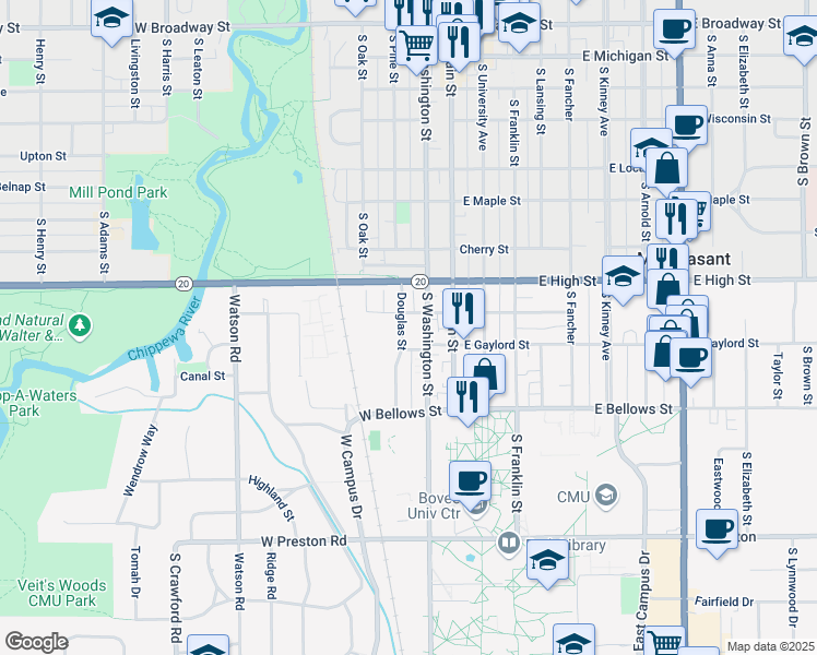 map of restaurants, bars, coffee shops, grocery stores, and more near 909 Douglas Street in Mount Pleasant