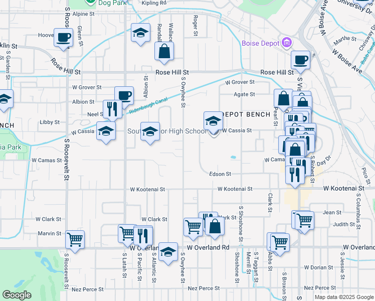 map of restaurants, bars, coffee shops, grocery stores, and more near 904 South Owyhee Street in Boise