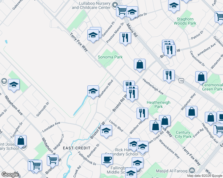 map of restaurants, bars, coffee shops, grocery stores, and more near 1121 Foxglove Place in Mississauga