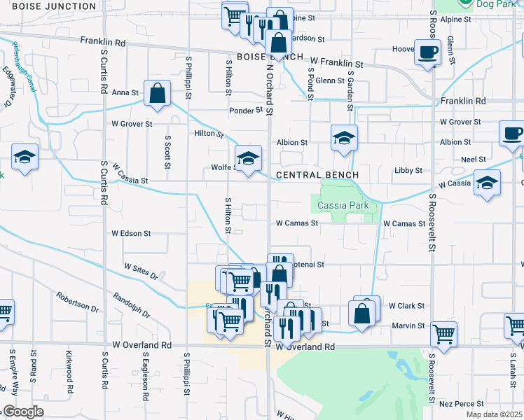 map of restaurants, bars, coffee shops, grocery stores, and more near 921 South Orchard Street in Boise