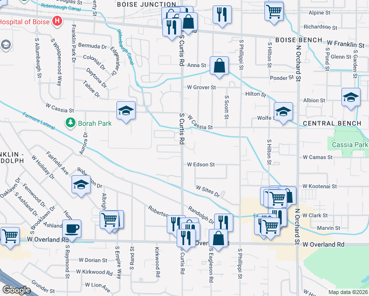 map of restaurants, bars, coffee shops, grocery stores, and more near 908 South Curtis Road in Boise