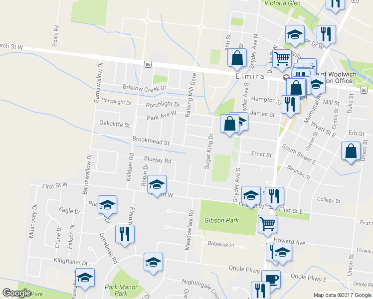 map of restaurants, bars, coffee shops, grocery stores, and more near 187 Brookmead Street in Elmira