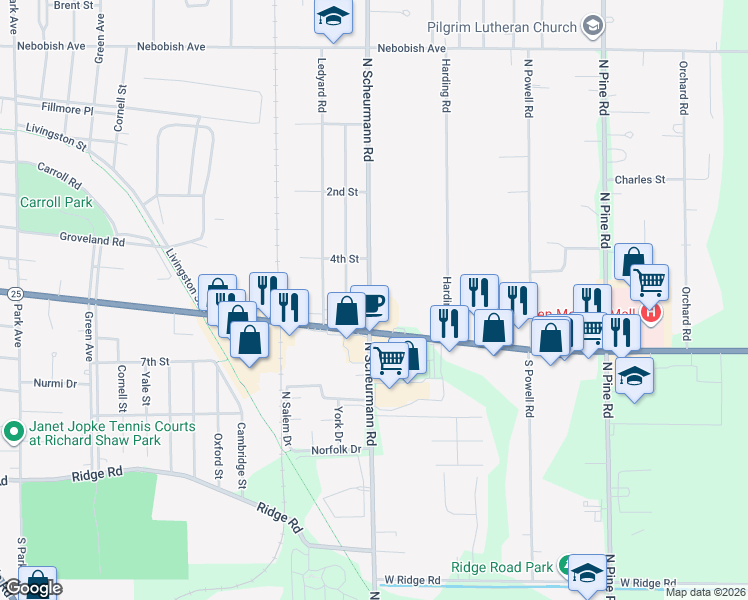map of restaurants, bars, coffee shops, grocery stores, and more near 1034 North Scheurmann Road in Essexville