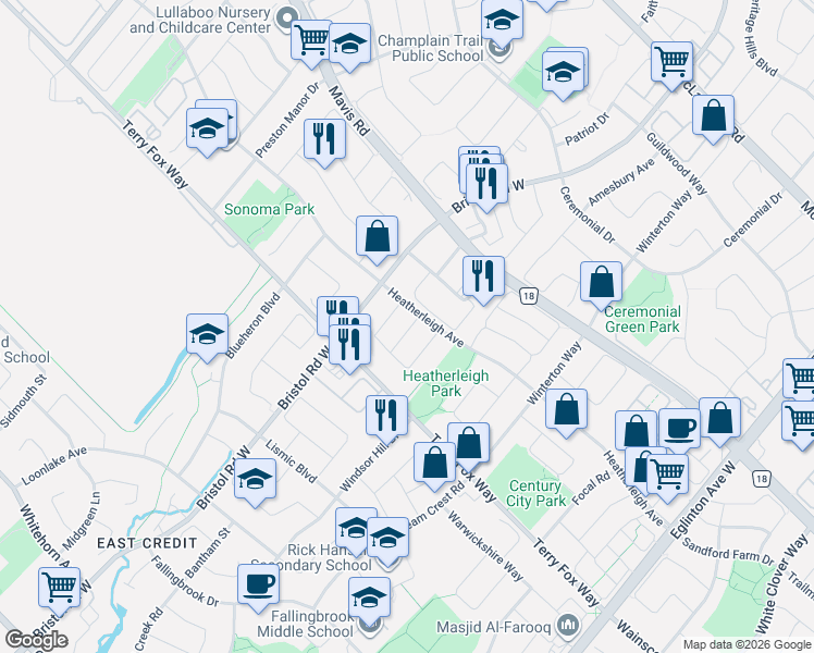 map of restaurants, bars, coffee shops, grocery stores, and more near 881 Oasis Drive in Mississauga