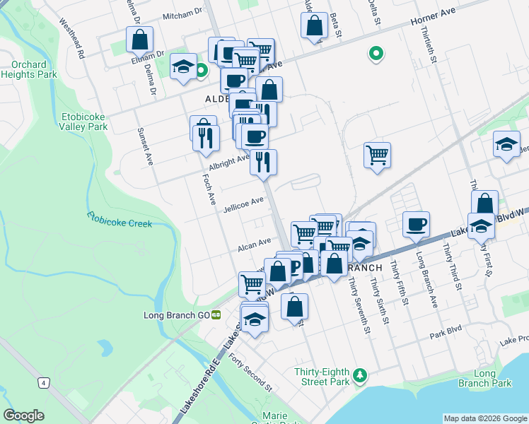 map of restaurants, bars, coffee shops, grocery stores, and more near 132 Browns Line in Toronto