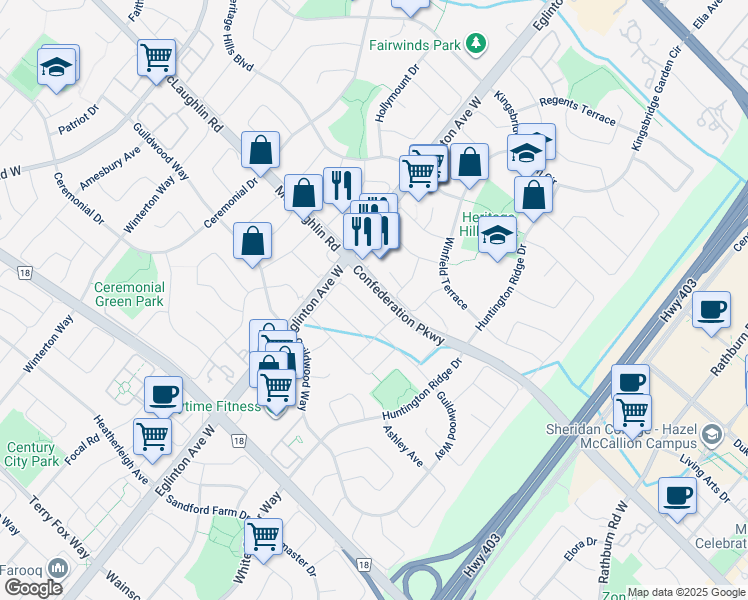 map of restaurants, bars, coffee shops, grocery stores, and more near 4694 Centretown Way in Mississauga