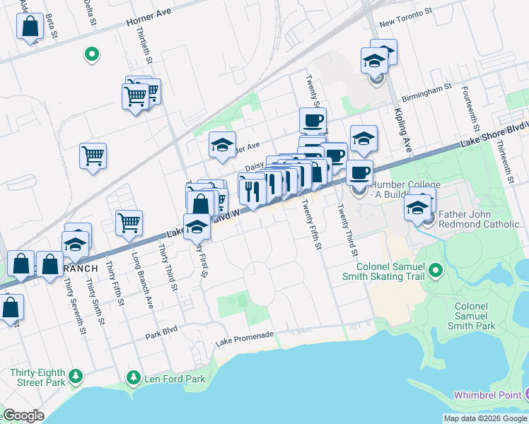 map of restaurants, bars, coffee shops, grocery stores, and more near 3353 Lake Shore Boulevard West in Toronto