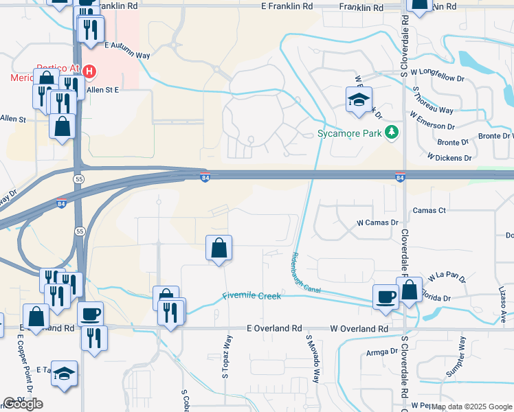 map of restaurants, bars, coffee shops, grocery stores, and more near 1005 South Rolling Hill Drive in Meridian